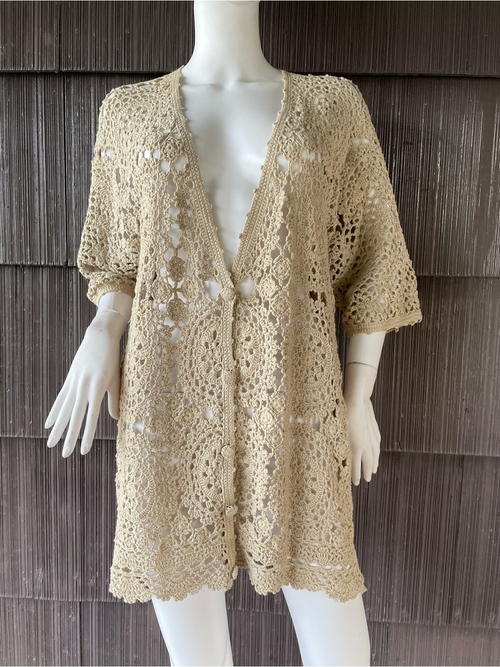 🔥VTG Bechamel Linen Blend Sheer Crochet Hand Knit Button Cardigan Boho Cottage